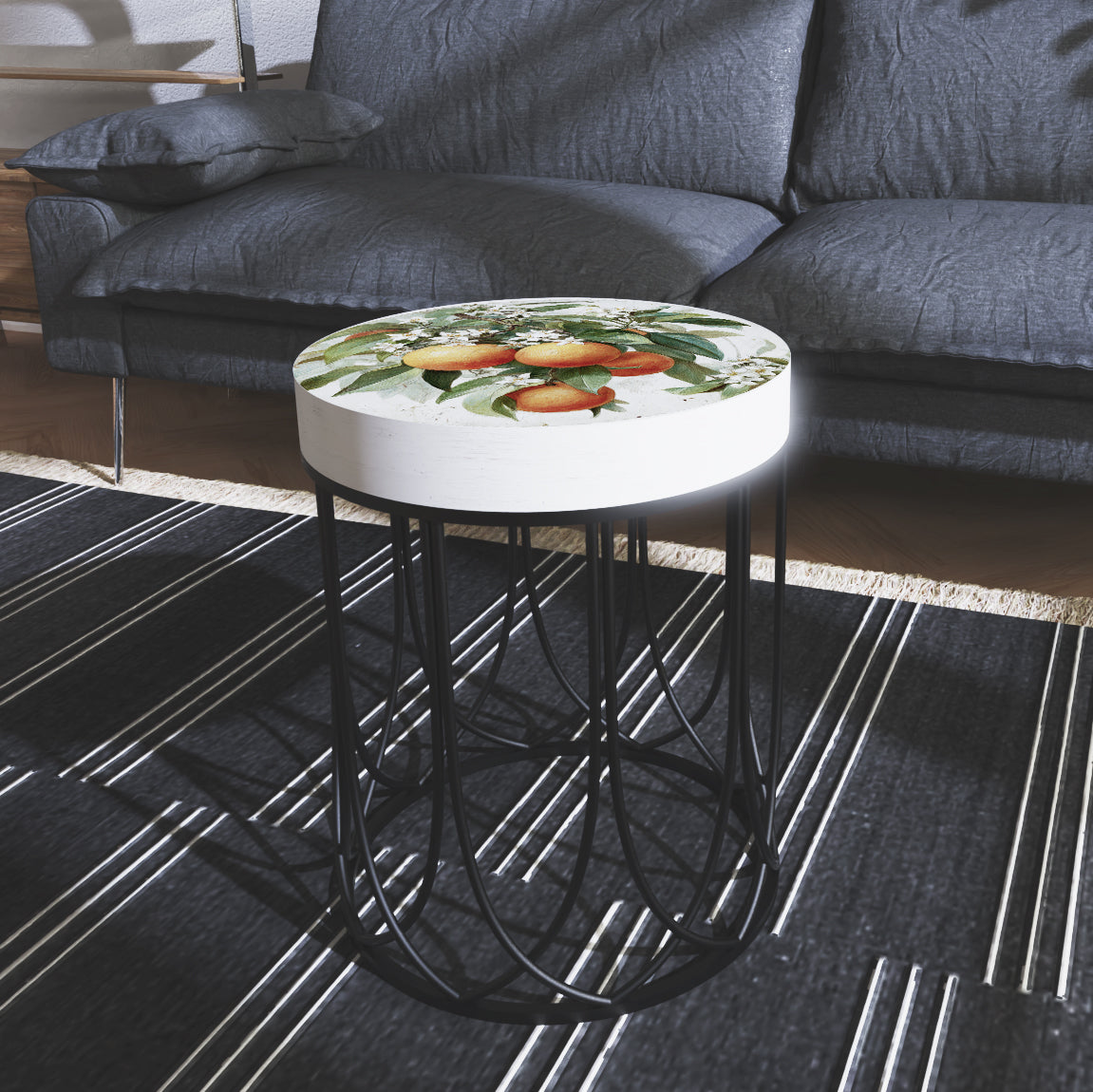 Round Orange Accent Table – Summer Citrus Print, 17–23in Tall, UV Wood Top with Metal Base, Indoor Living Room or Patio Decor