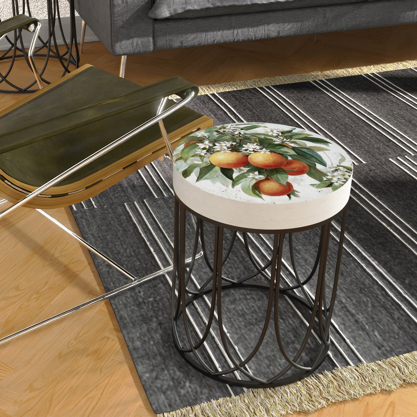 Round Orange Accent Table – Summer Citrus Print, 17–23in Tall, UV Wood Top with Metal Base, Indoor Living Room or Patio Decor