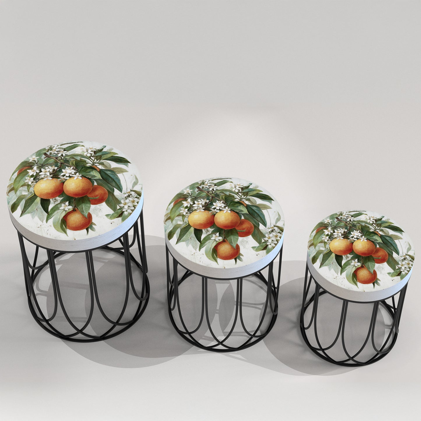 Round Orange Accent Table – Summer Citrus Print, 17–23in Tall, UV Wood Top with Metal Base, Indoor Living Room or Patio Decor
