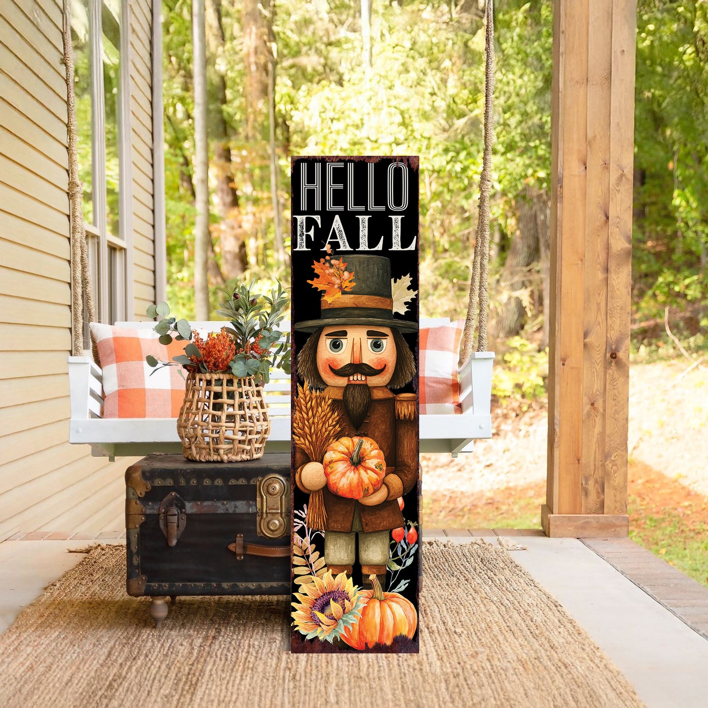Hello Fall Porch Sign – UV Printed Nutcracker Autumn Decor, 36–72in Vertical Farmhouse Board for Porch, Patio, or Entryway Display