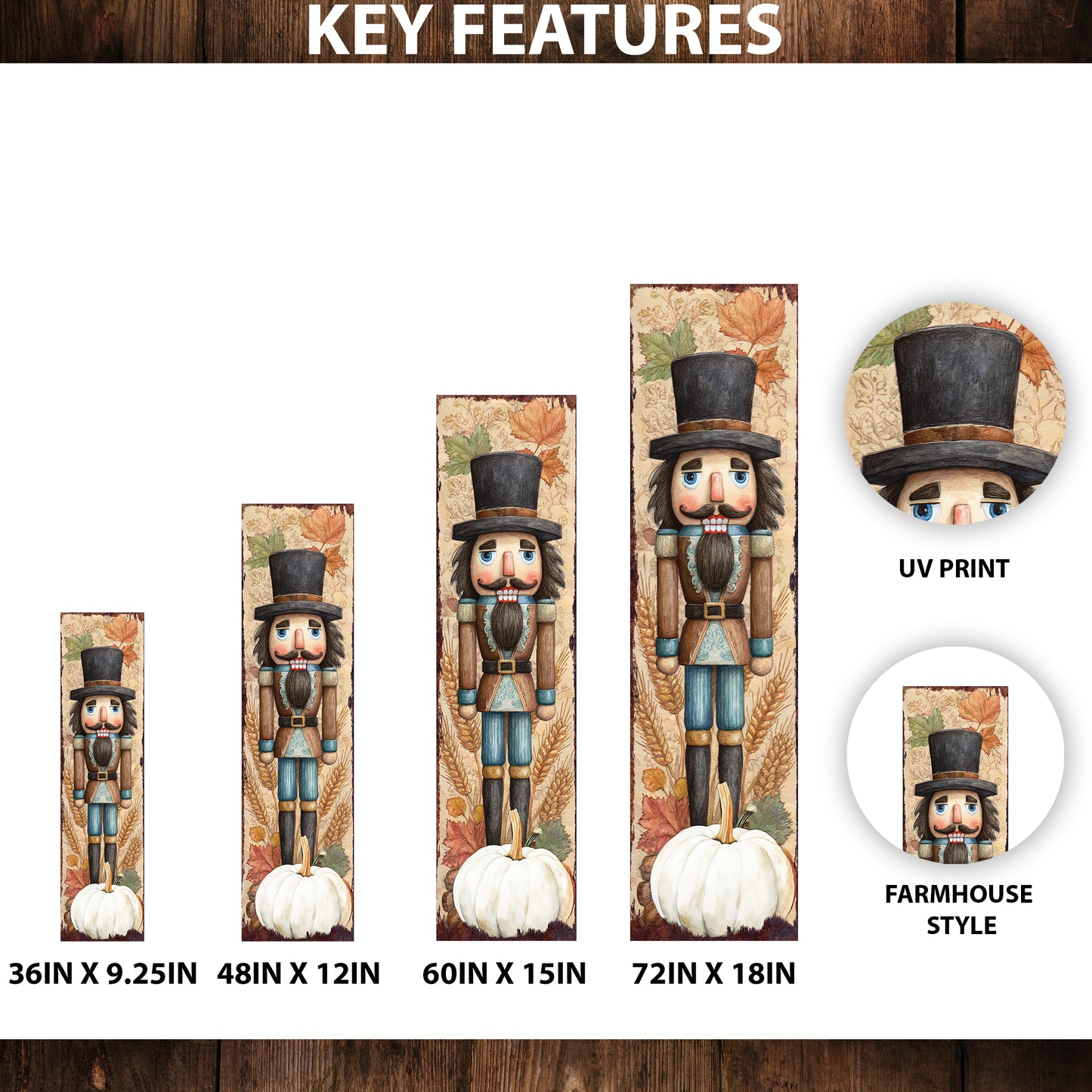 Fall Nutcracker Porch Sign – UV Printed Autumn Decor, 36–72in Vertical Farmhouse Outdoor Display for Porch, Patio or Entryway