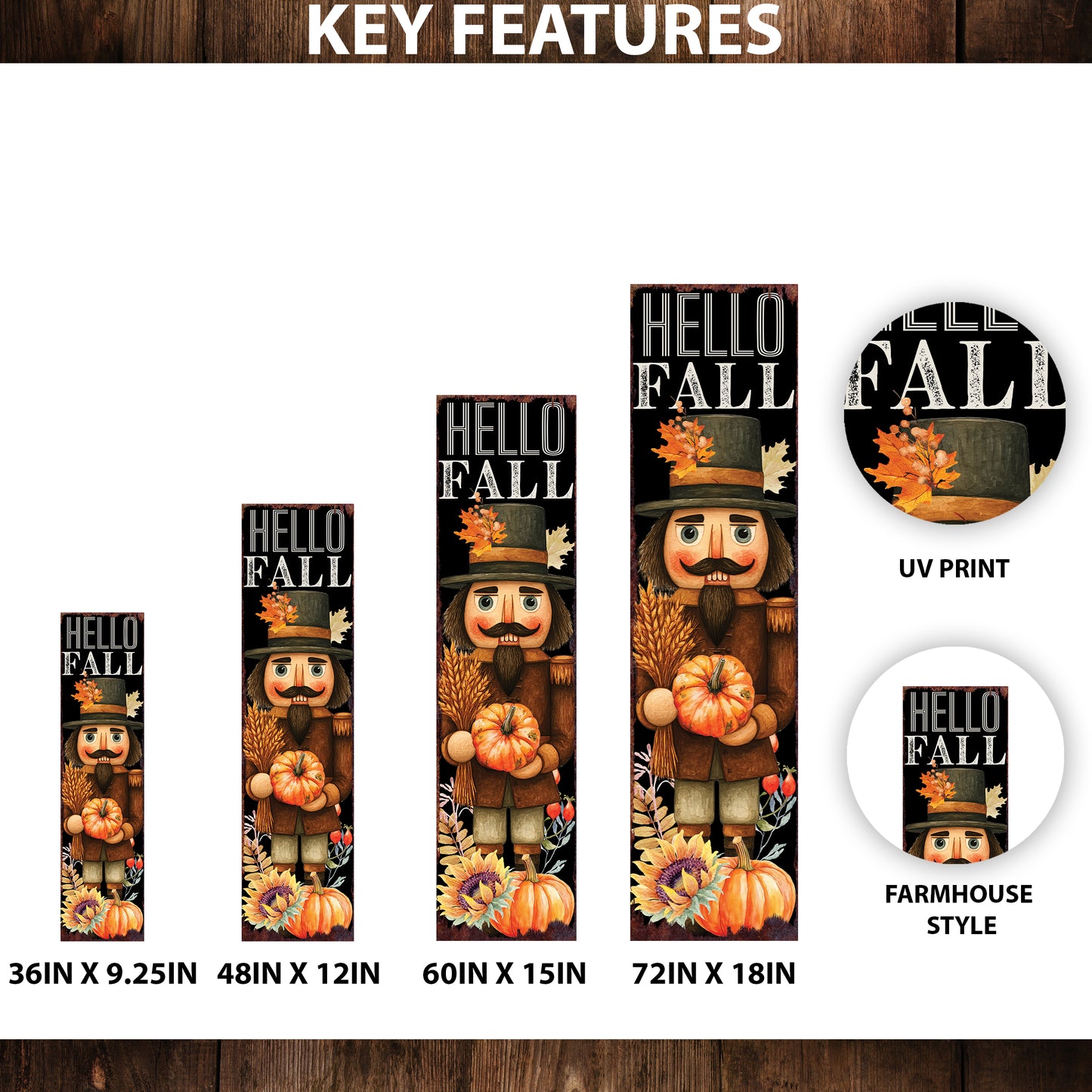 Hello Fall Porch Sign – UV Printed Nutcracker Autumn Decor, 36–72in Vertical Farmhouse Board for Porch, Patio, or Entryway Display