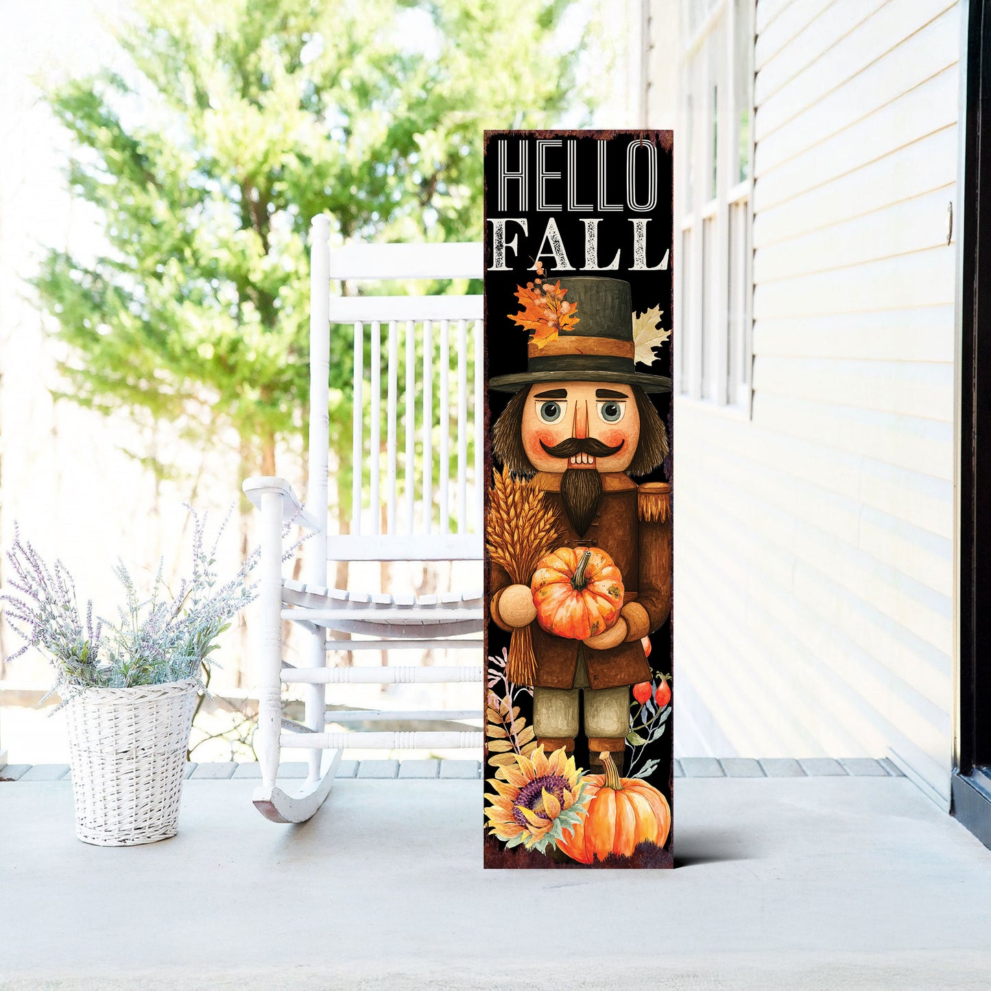 Hello Fall Porch Sign – UV Printed Nutcracker Autumn Decor, 36–72in Vertical Farmhouse Board for Porch, Patio, or Entryway Display