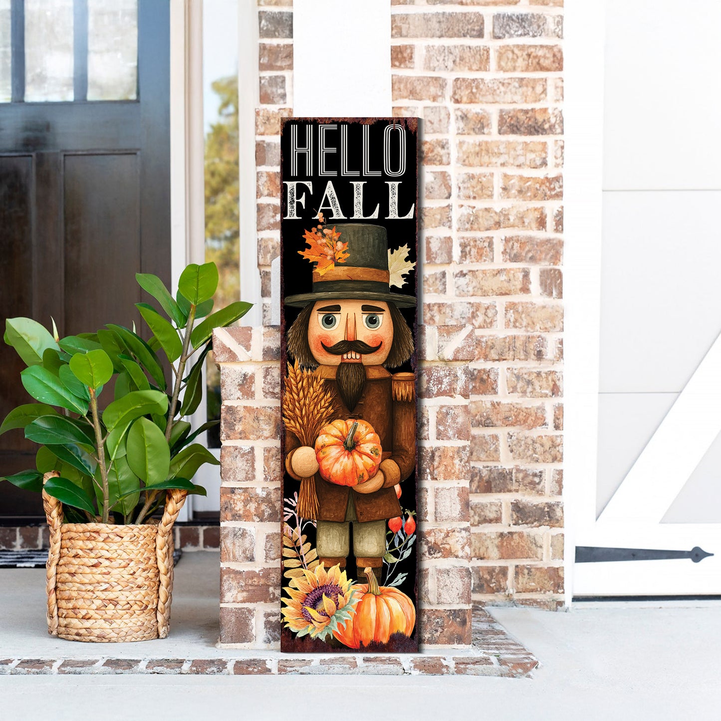Hello Fall Porch Sign – UV Printed Nutcracker Autumn Decor, 36–72in Vertical Farmhouse Board for Porch, Patio, or Entryway Display