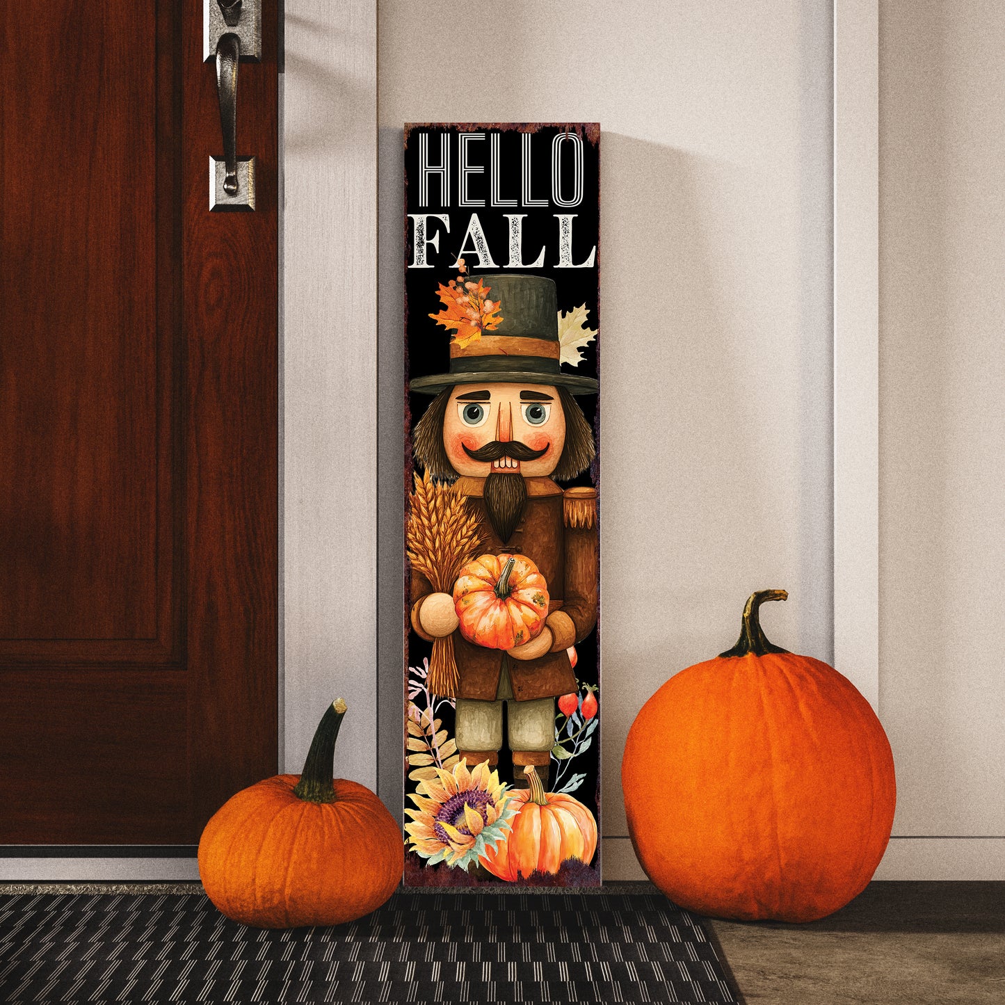 Hello Fall Porch Sign – UV Printed Nutcracker Autumn Decor, 36–72in Vertical Farmhouse Board for Porch, Patio, or Entryway Display