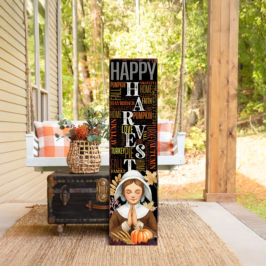 Happy Harvest Porch Sign – UV Printed Vertical Fall Decor, 36–72in Rustic Farmhouse Thanksgiving Entryway Board with Autumn Graphics