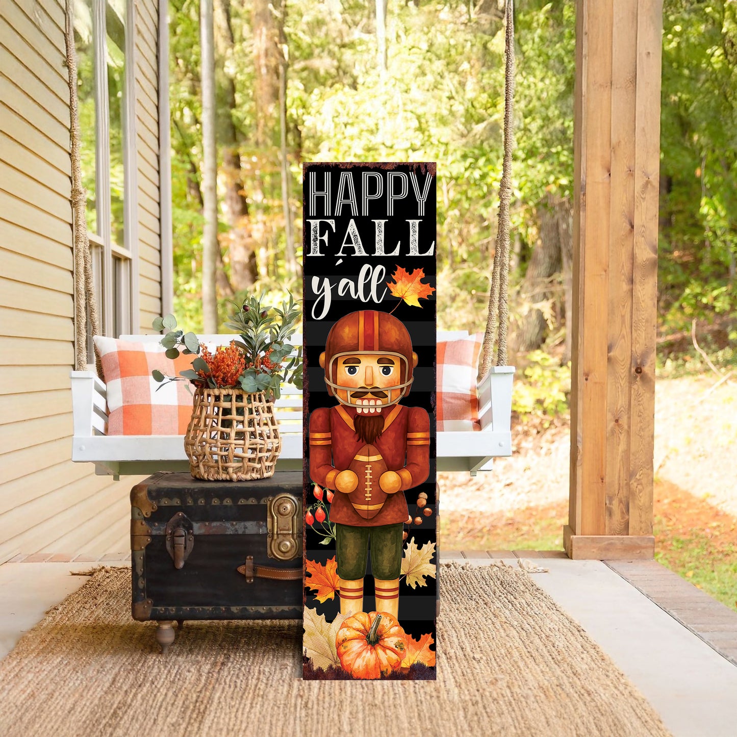 Happy Fall Y’all Football Porch Sign – UV Printed Autumn Decor with Nutcracker Player, 36–72in Vertical Entryway or Patio Board