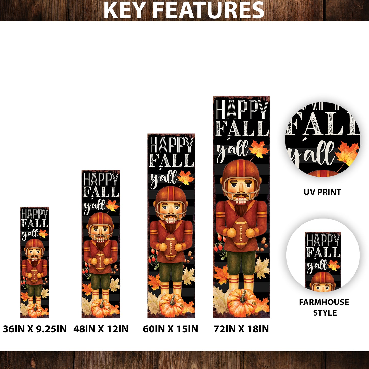 Happy Fall Y’all Football Porch Sign – UV Printed Autumn Decor with Nutcracker Player, 36–72in Vertical Entryway or Patio Board