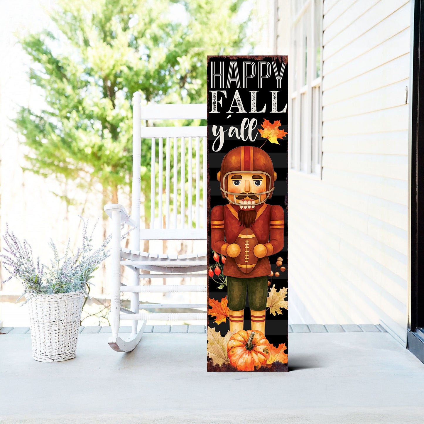Happy Fall Y’all Football Porch Sign – UV Printed Autumn Decor with Nutcracker Player, 36–72in Vertical Entryway or Patio Board