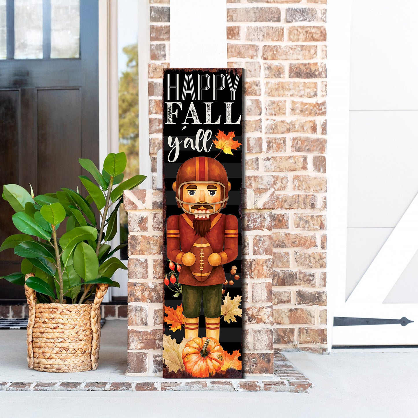 Happy Fall Y’all Football Porch Sign – UV Printed Autumn Decor with Nutcracker Player, 36–72in Vertical Entryway or Patio Board