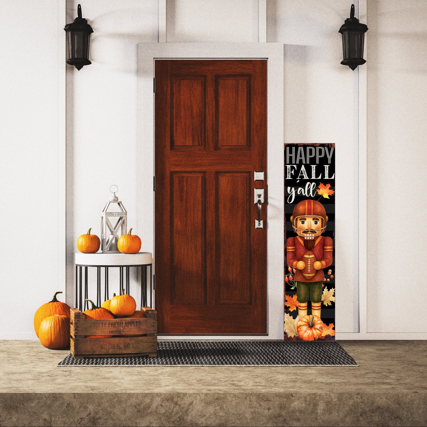 Happy Fall Y’all Football Porch Sign – UV Printed Autumn Decor with Nutcracker Player, 36–72in Vertical Entryway or Patio Board