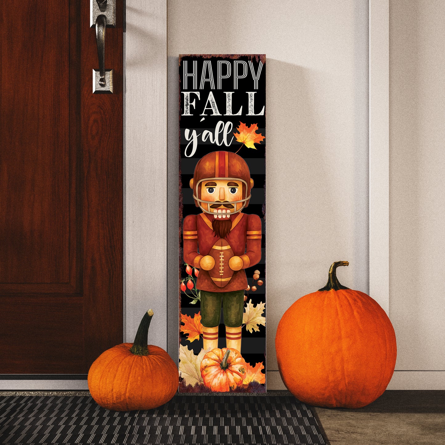 Happy Fall Y’all Football Porch Sign – UV Printed Autumn Decor with Nutcracker Player, 36–72in Vertical Entryway or Patio Board