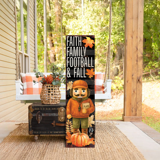 Faith Family Football Fall Porch Sign – 36–72in UV Printed Nutcracker Coach, Autumn Outdoor Entryway or Patio Seasonal Decor