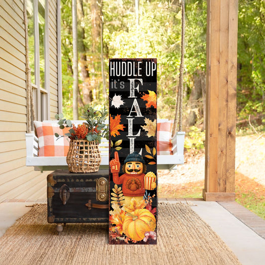 Huddle Up It’s Fall Porch Sign – Football Nutcracker Fan Decor, 36–72in UV Print Fall Outdoor Decoration for Porch, Patio or Entryway