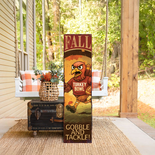 Gobble and Tackle Porch Sign – Turkey Bowl Fall Football Decor, UV Wood Print, Farmhouse Vertical Sign, 36–72in Outdoor Display