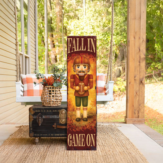Fall In Game On Porch Sign – Football Nutcracker Fall Decor, UV Printed Wood, Rustic Autumn Welcome Board, 36–72in Outdoor Display