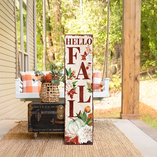 Hello Fall Porch Sign – Vertical Autumn Welcome Board with UV Print, Rustic Wood Fall Decor, 36-72in Outdoor Porch Display
