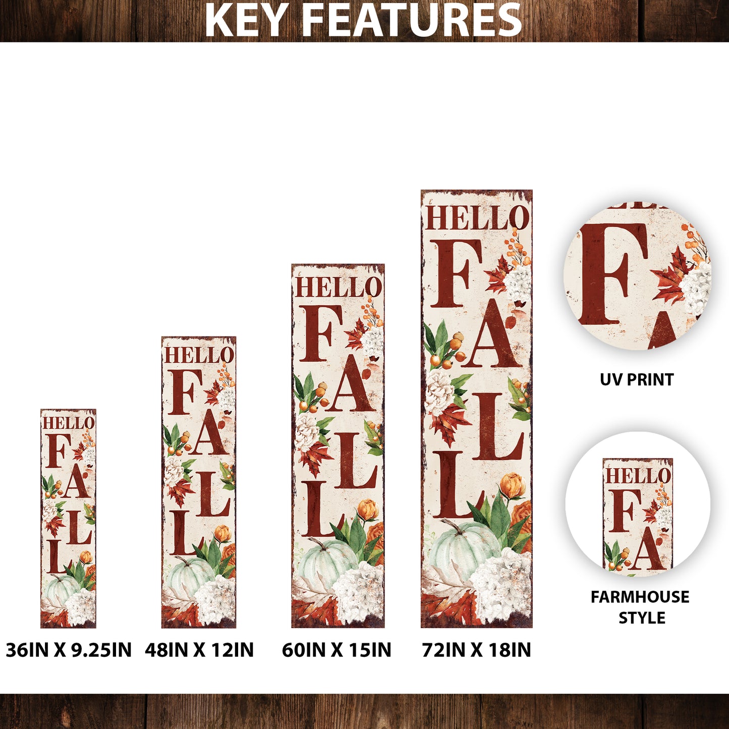 Hello Fall Porch Sign – Vertical Autumn Welcome Board with UV Print, Rustic Wood Fall Decor, 36-72in Outdoor Porch Display