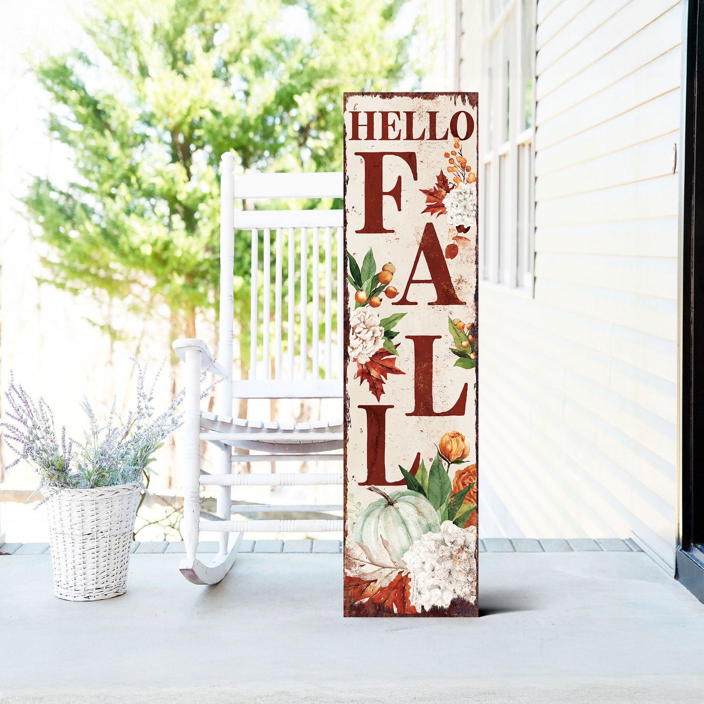 Hello Fall Porch Sign – Vertical Autumn Welcome Board with UV Print, Rustic Wood Fall Decor, 36-72in Outdoor Porch Display