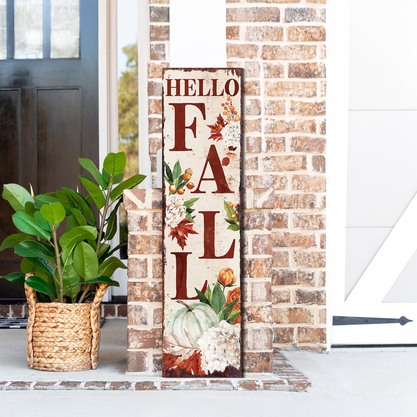 Hello Fall Porch Sign – Vertical Autumn Welcome Board with UV Print, Rustic Wood Fall Decor, 36-72in Outdoor Porch Display