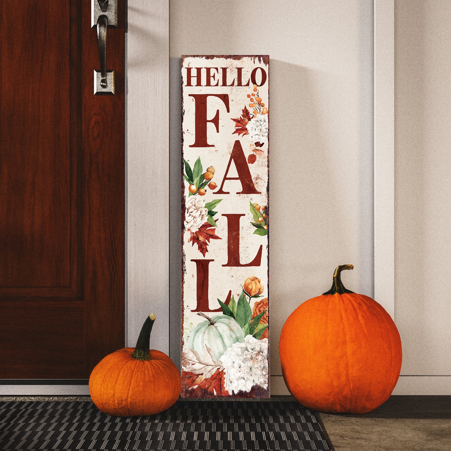 Hello Fall Porch Sign – Vertical Autumn Welcome Board with UV Print, Rustic Wood Fall Decor, 36-72in Outdoor Porch Display