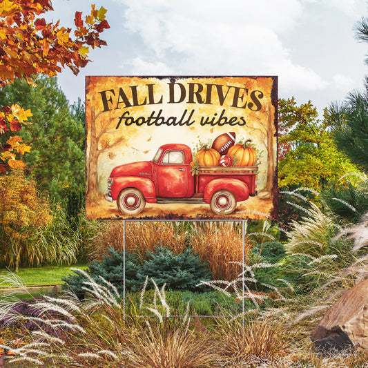 Fall Drives Football Vibes Yard Sign – 18x24 Fall Red Truck Garden Stake, UV Printed Plastic Board with Metal Step-Stake