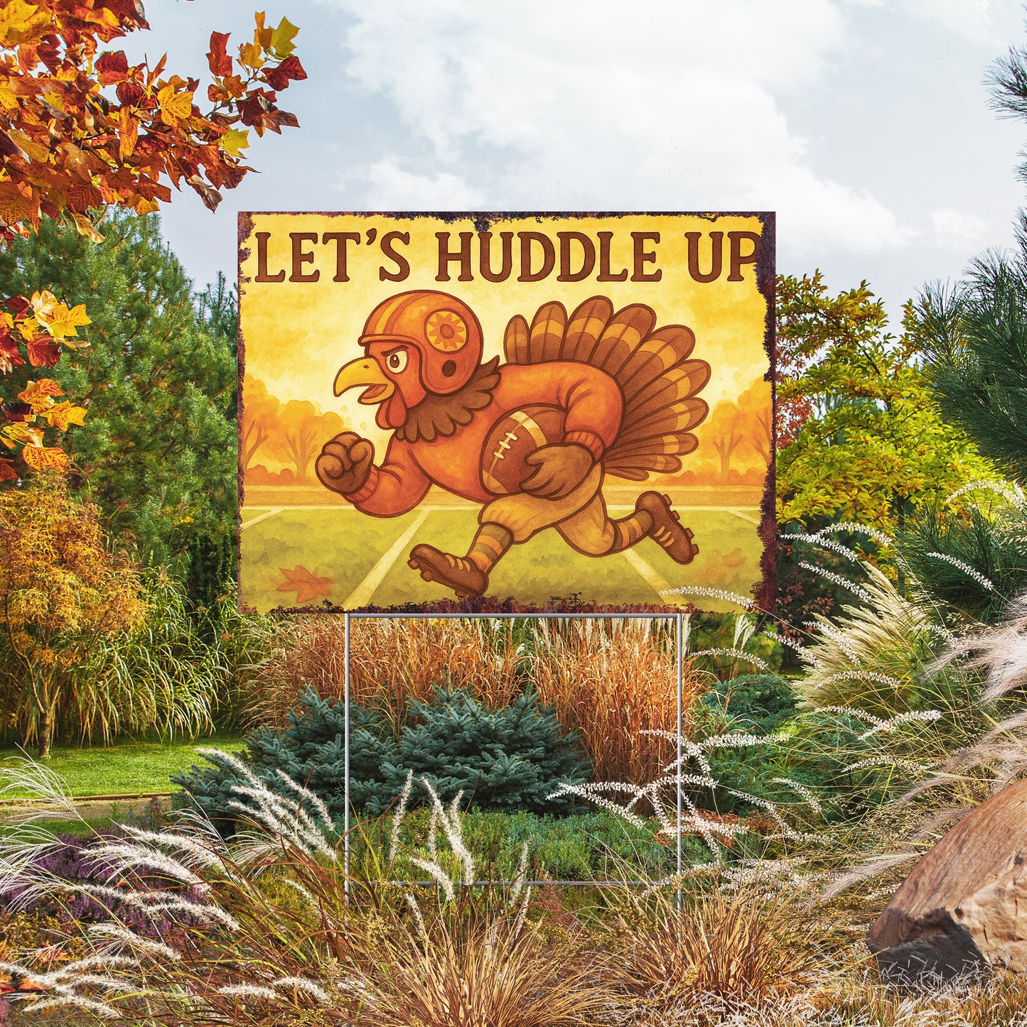 Let’s Huddle Up Yard Sign – 18x24 Turkey Football Fall Lawn Sign, UV Printed Plastic with Step-Stake, Outdoor Garden Decor