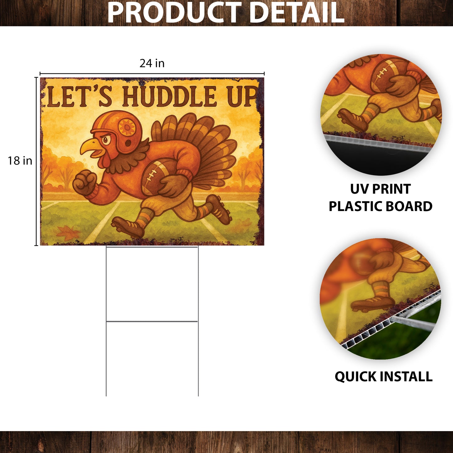 Let’s Huddle Up Yard Sign – 18x24 Turkey Football Fall Lawn Sign, UV Printed Plastic with Step-Stake, Outdoor Garden Decor