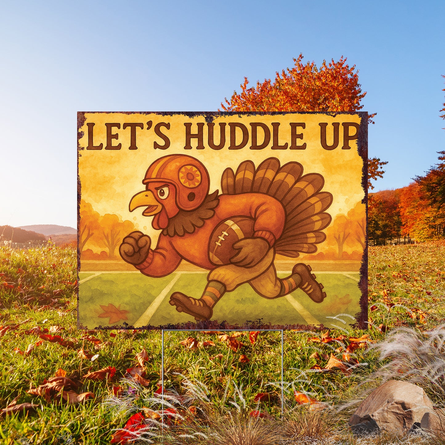 Let’s Huddle Up Yard Sign – 18x24 Turkey Football Fall Lawn Sign, UV Printed Plastic with Step-Stake, Outdoor Garden Decor
