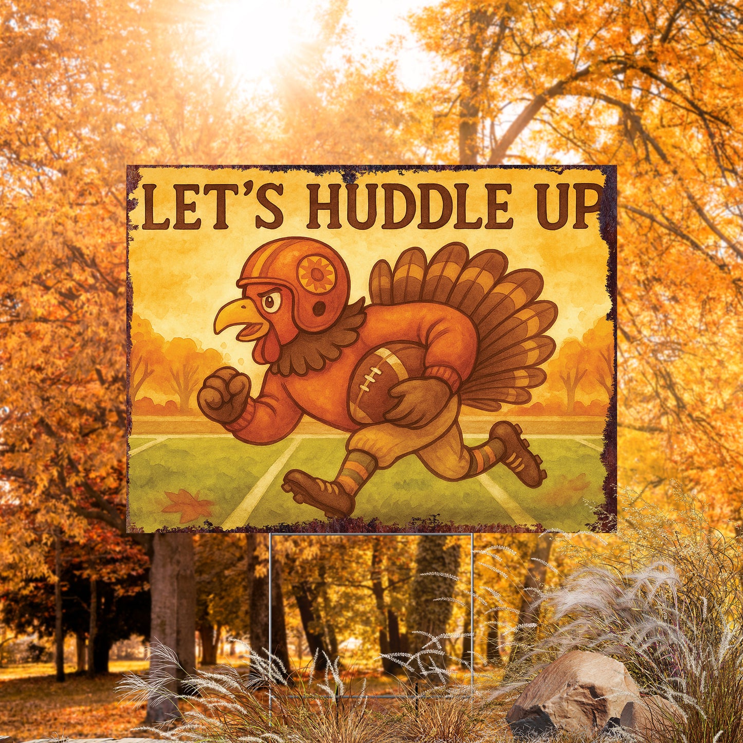 Let’s Huddle Up Yard Sign – 18x24 Turkey Football Fall Lawn Sign, UV Printed Plastic with Step-Stake, Outdoor Garden Decor