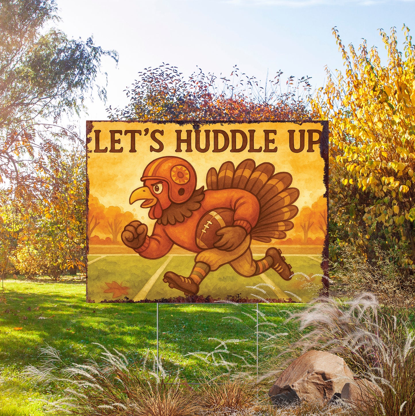Let’s Huddle Up Yard Sign – 18x24 Turkey Football Fall Lawn Sign, UV Printed Plastic with Step-Stake, Outdoor Garden Decor