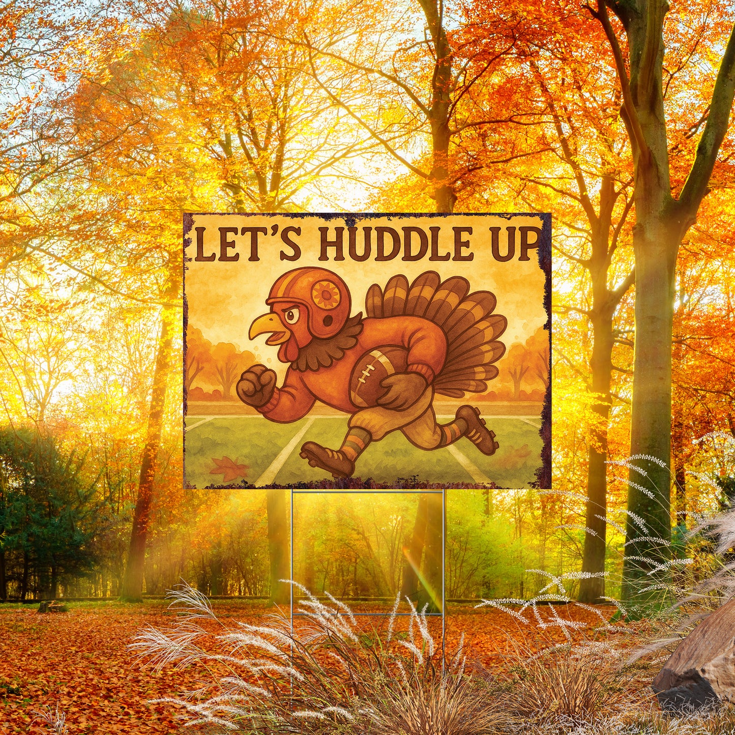 Let’s Huddle Up Yard Sign – 18x24 Turkey Football Fall Lawn Sign, UV Printed Plastic with Step-Stake, Outdoor Garden Decor