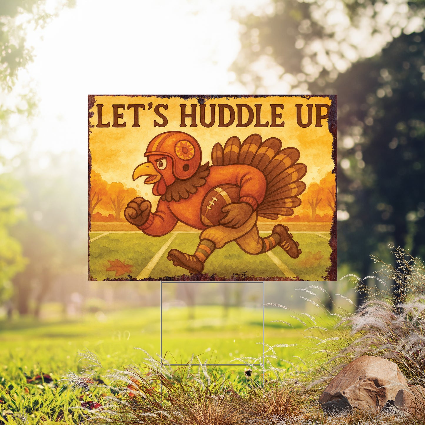 Let’s Huddle Up Yard Sign – 18x24 Turkey Football Fall Lawn Sign, UV Printed Plastic with Step-Stake, Outdoor Garden Decor