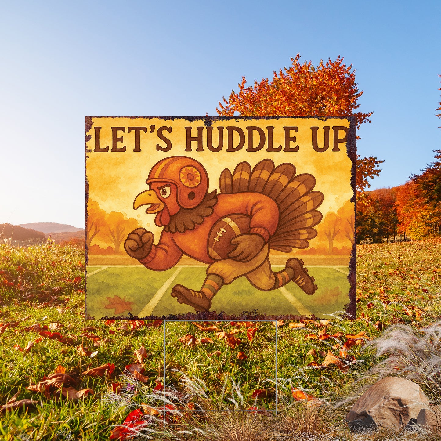 Let’s Huddle Up Yard Sign – 18x24 Turkey Football Fall Lawn Sign, UV Printed Plastic with Step-Stake, Outdoor Garden Decor