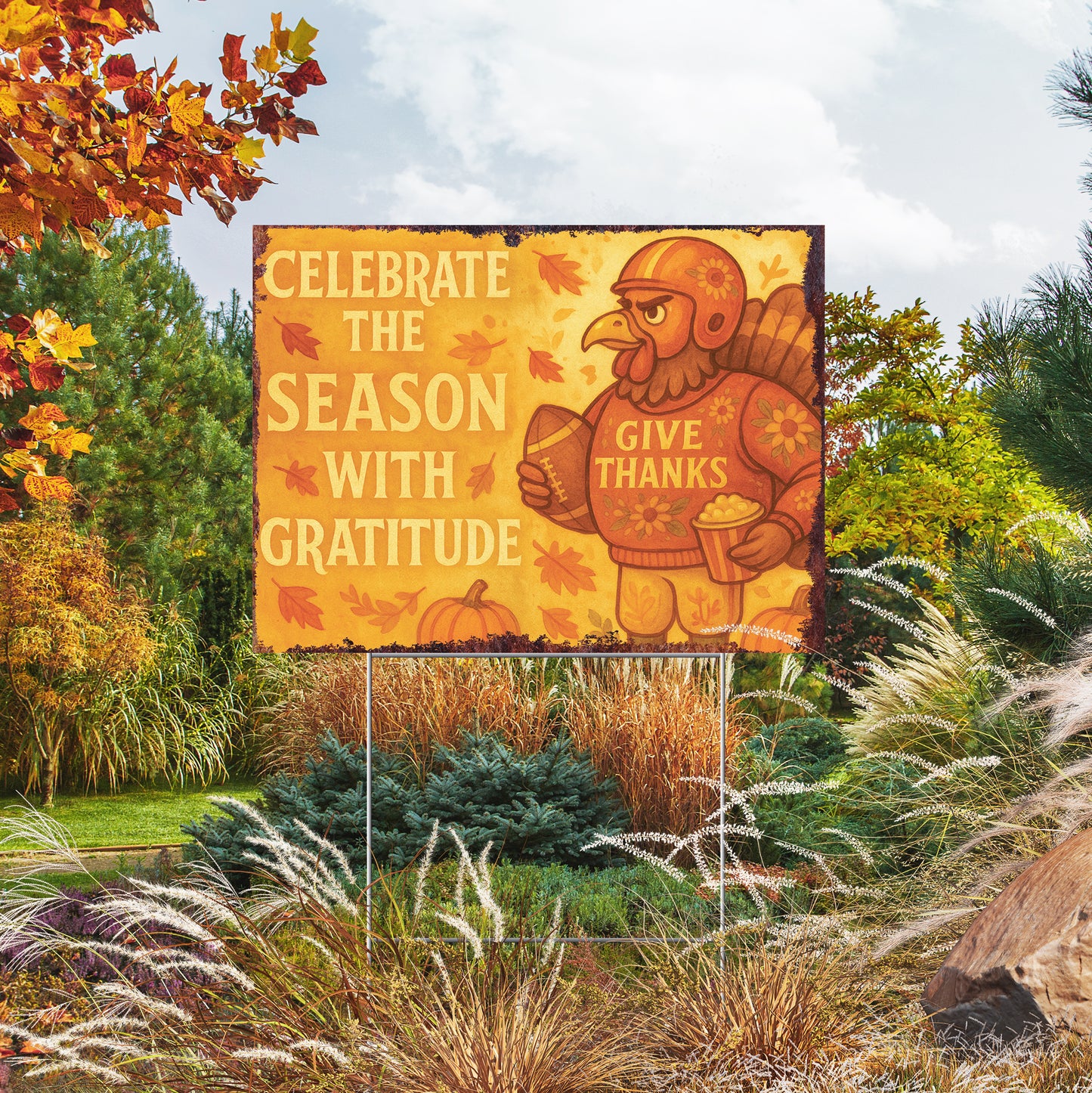 Celebrate the Season Yard Sign – 18x24 Thanksgiving Turkey Lawn Decor, UV Print Fall Garden Stake with Step-Stake Included