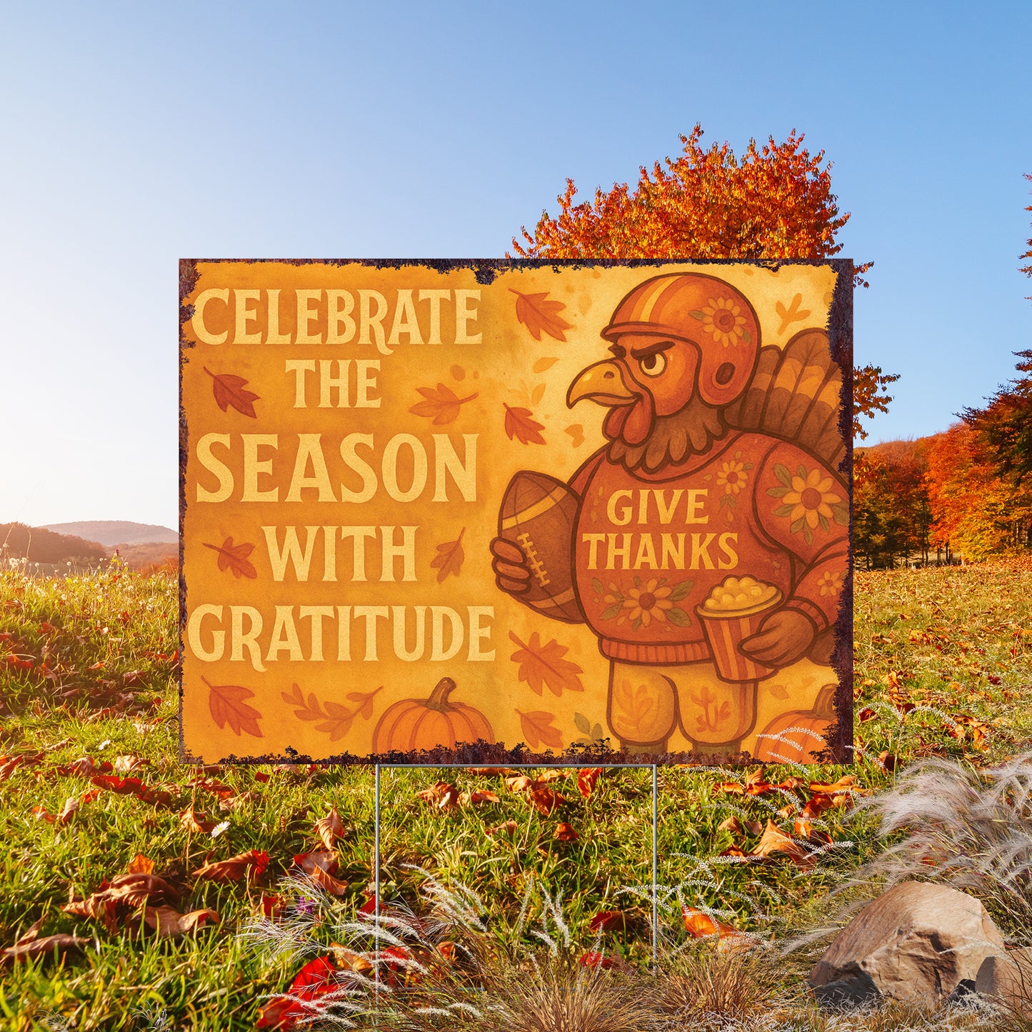 Celebrate the Season Yard Sign – 18x24 Thanksgiving Turkey Lawn Decor, UV Print Fall Garden Stake with Step-Stake Included