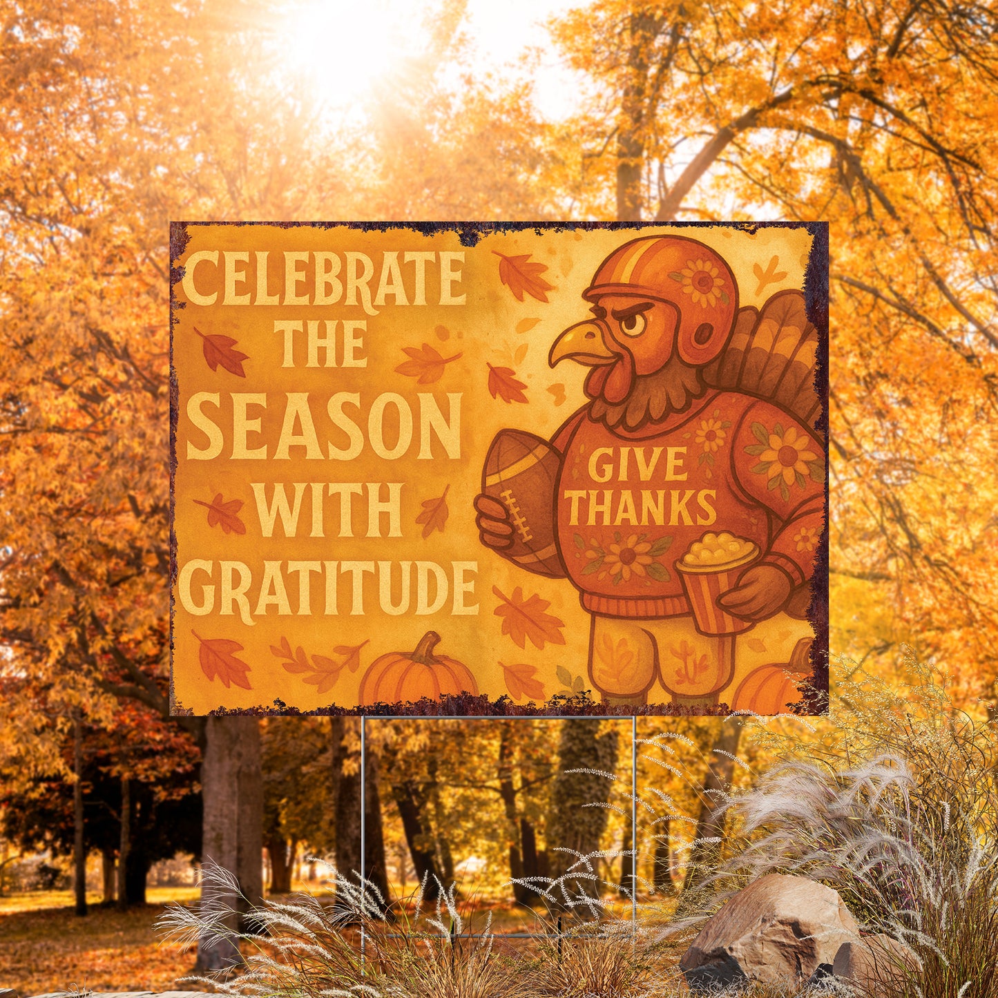 Celebrate the Season Yard Sign – 18x24 Thanksgiving Turkey Lawn Decor, UV Print Fall Garden Stake with Step-Stake Included