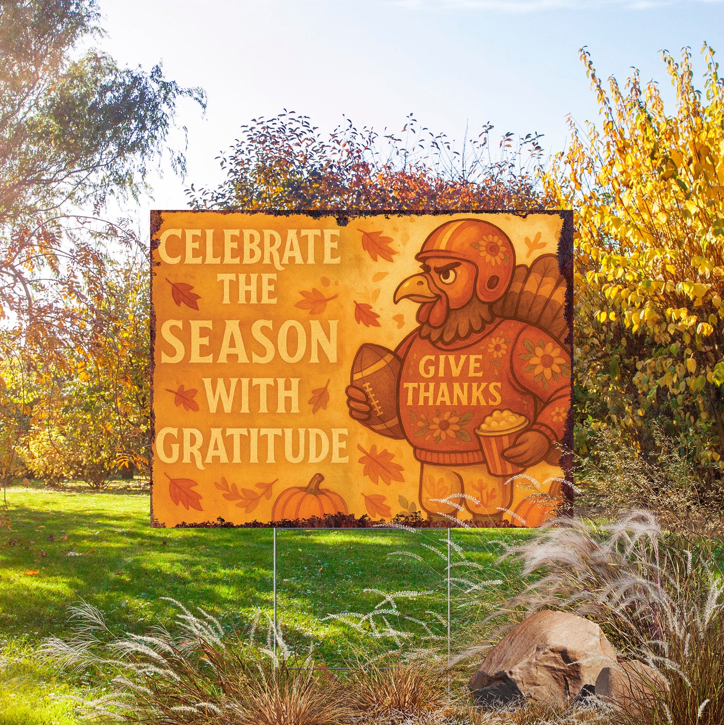 Celebrate the Season Yard Sign – 18x24 Thanksgiving Turkey Lawn Decor, UV Print Fall Garden Stake with Step-Stake Included