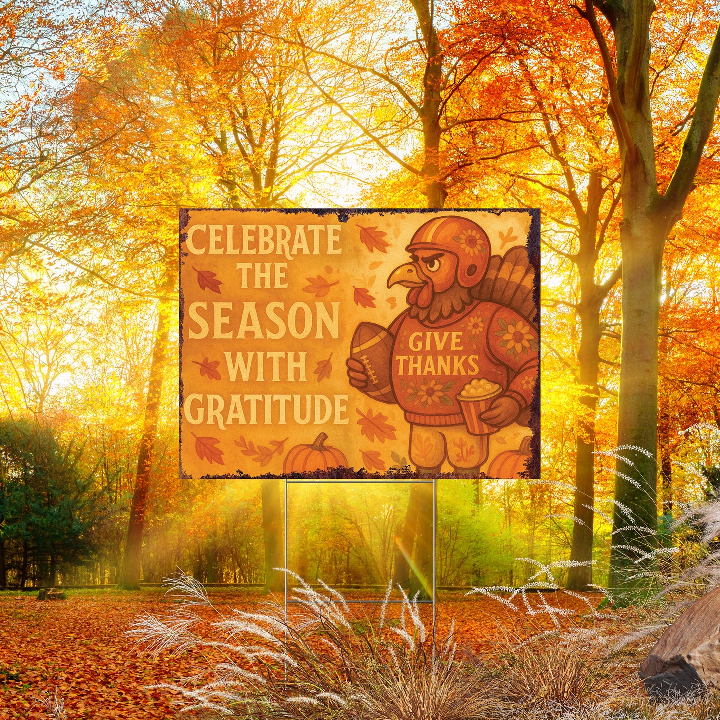 Celebrate the Season Yard Sign – 18x24 Thanksgiving Turkey Lawn Decor, UV Print Fall Garden Stake with Step-Stake Included