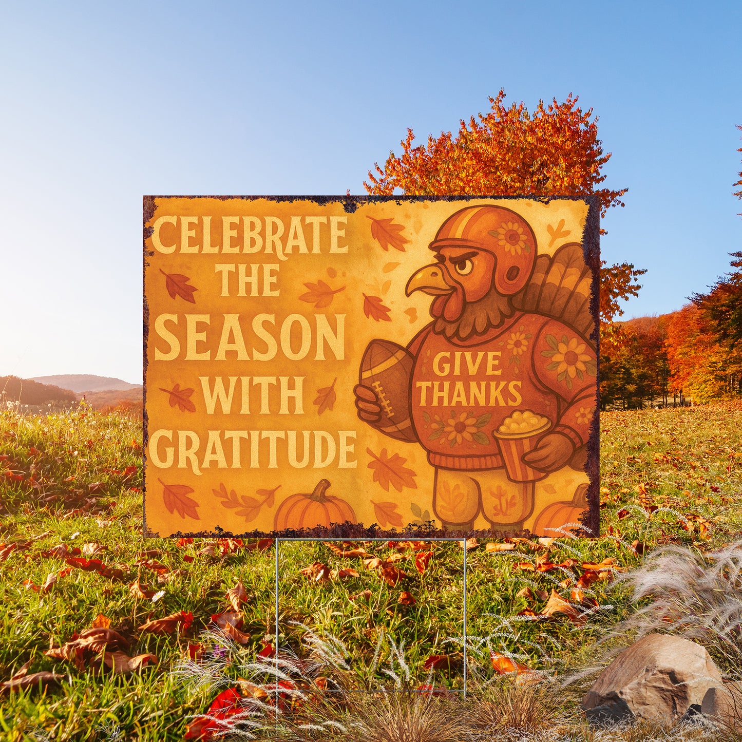 Celebrate the Season Yard Sign – 18x24 Thanksgiving Turkey Lawn Decor, UV Print Fall Garden Stake with Step-Stake Included