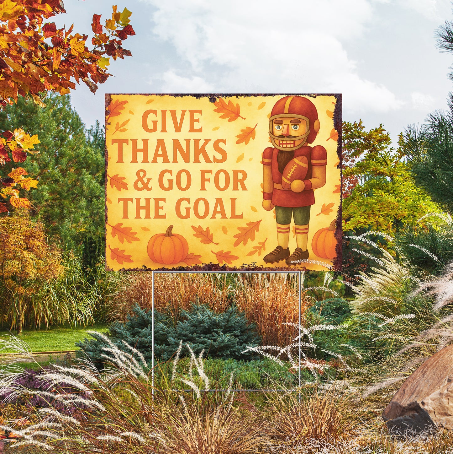 Give Thanks & Go for the Goal Yard Sign – 18x24 Fall Football Nutcracker Lawn Decor, UV Print Garden Stake with Step-Stake