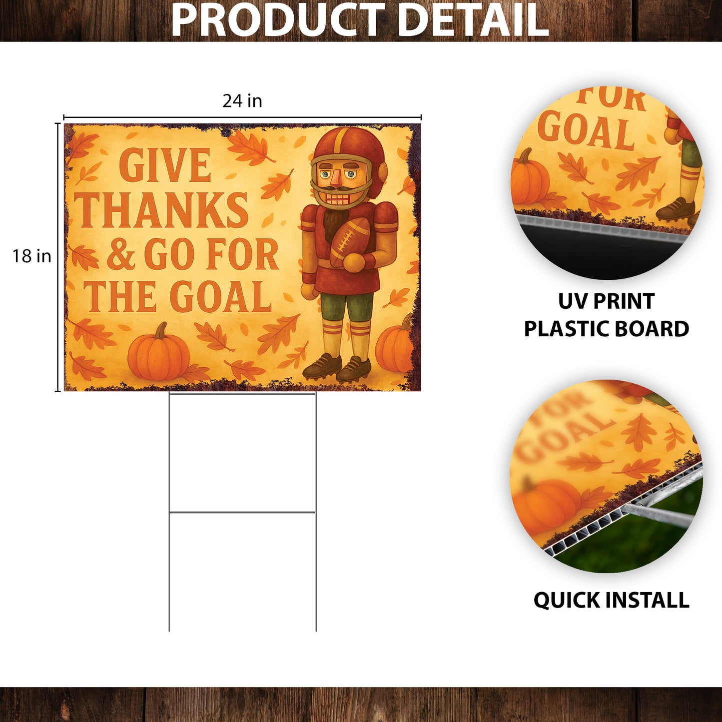 Give Thanks & Go for the Goal Yard Sign – 18x24 Fall Football Nutcracker Lawn Decor, UV Print Garden Stake with Step-Stake
