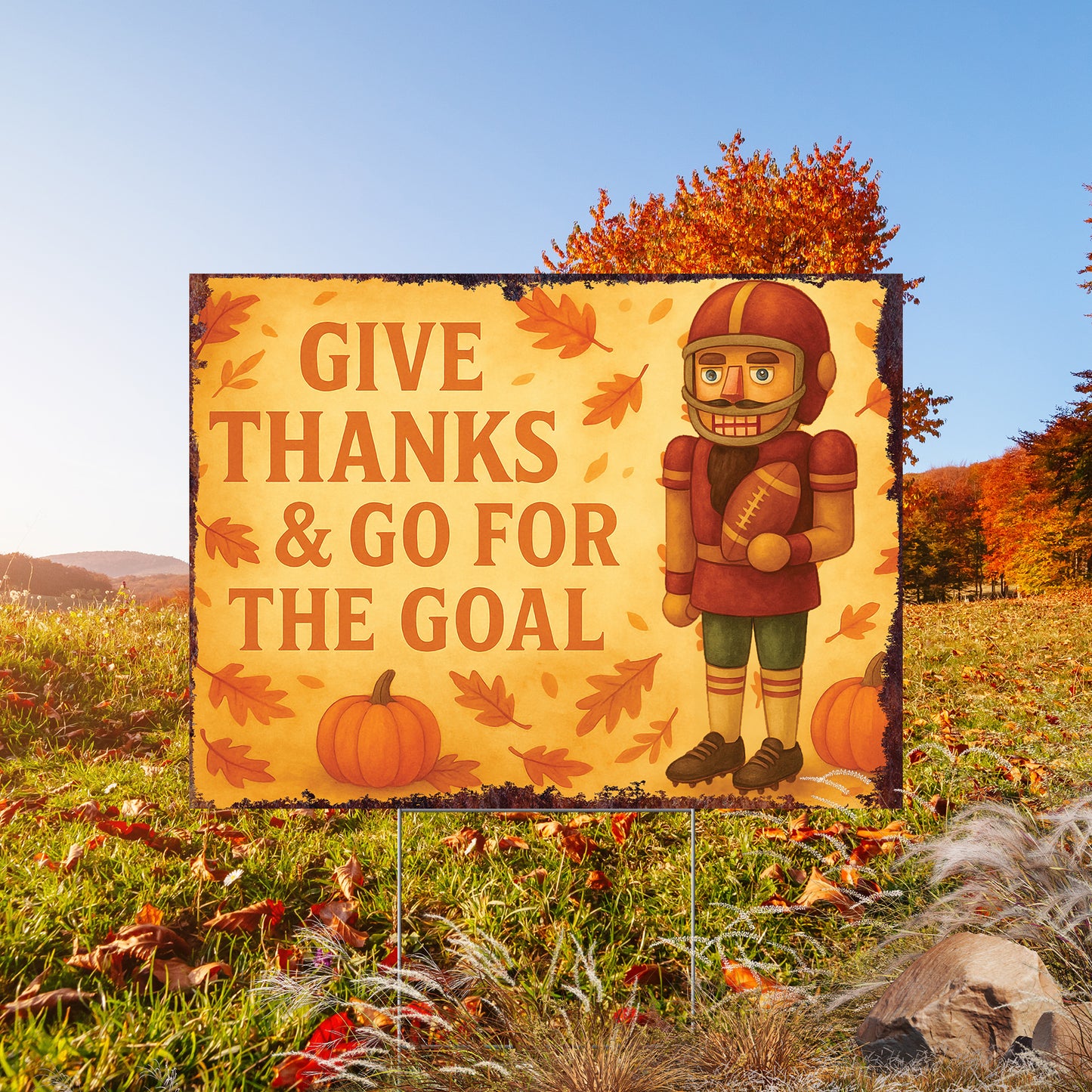 Give Thanks & Go for the Goal Yard Sign – 18x24 Fall Football Nutcracker Lawn Decor, UV Print Garden Stake with Step-Stake