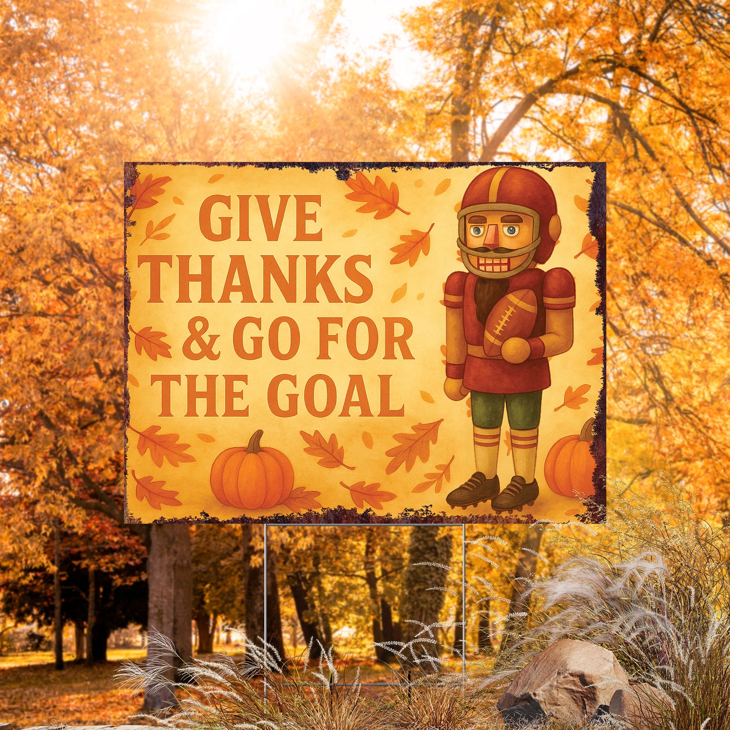 Give Thanks & Go for the Goal Yard Sign – 18x24 Fall Football Nutcracker Lawn Decor, UV Print Garden Stake with Step-Stake