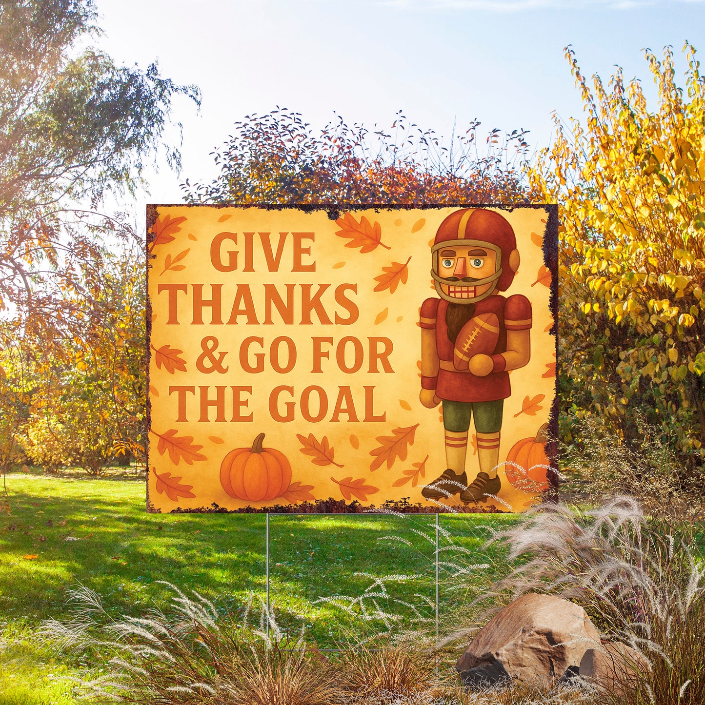 Give Thanks & Go for the Goal Yard Sign – 18x24 Fall Football Nutcracker Lawn Decor, UV Print Garden Stake with Step-Stake