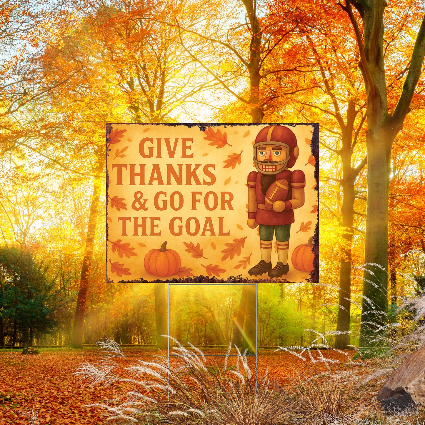 Give Thanks & Go for the Goal Yard Sign – 18x24 Fall Football Nutcracker Lawn Decor, UV Print Garden Stake with Step-Stake