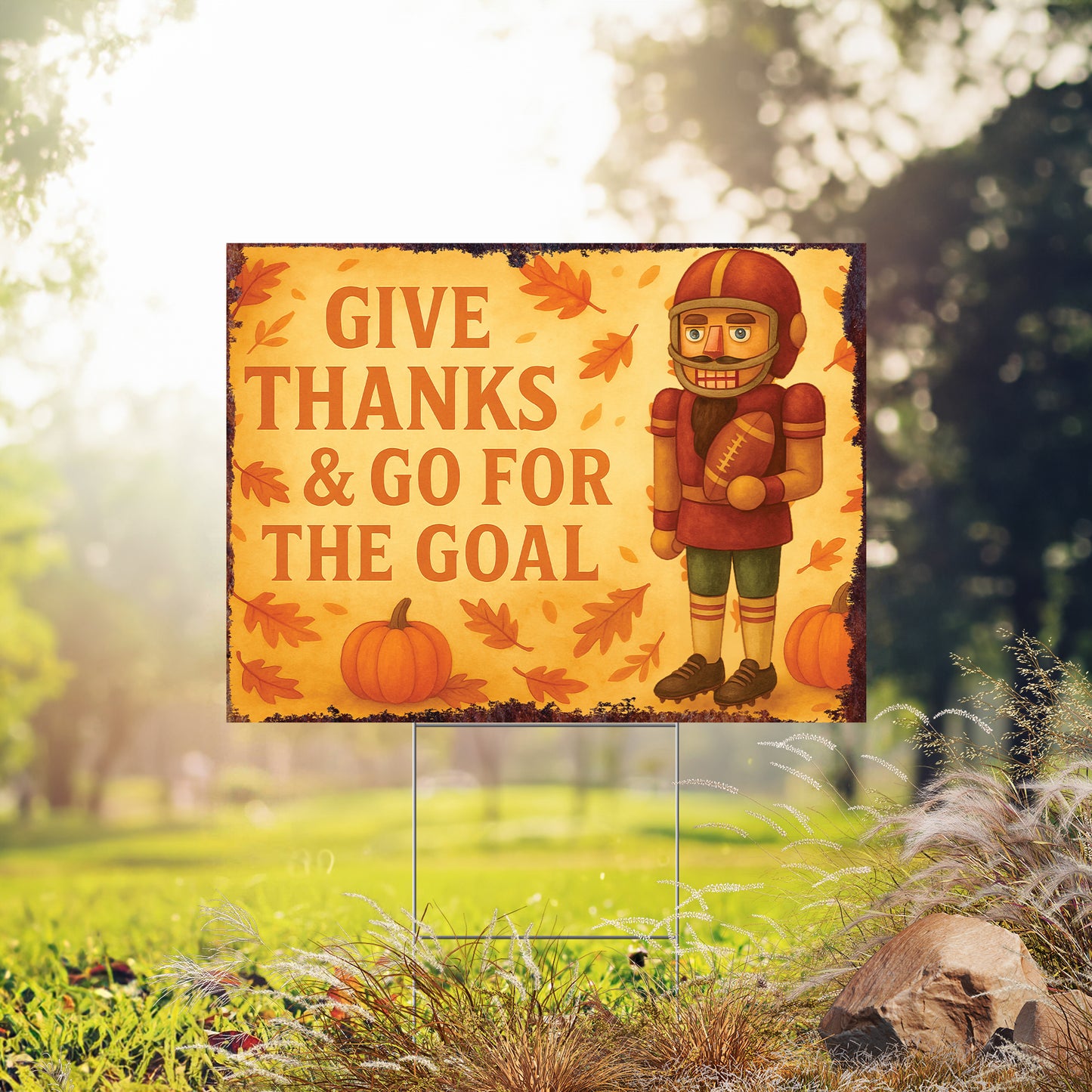 Give Thanks & Go for the Goal Yard Sign – 18x24 Fall Football Nutcracker Lawn Decor, UV Print Garden Stake with Step-Stake