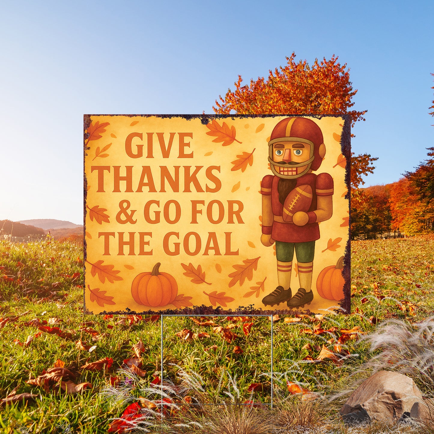 Give Thanks & Go for the Goal Yard Sign – 18x24 Fall Football Nutcracker Lawn Decor, UV Print Garden Stake with Step-Stake