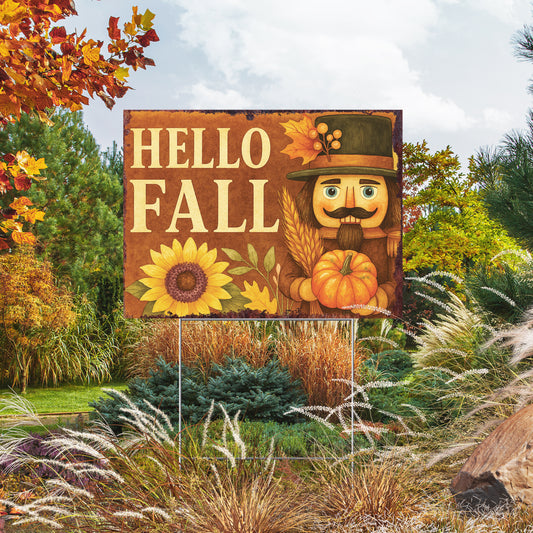 Hello Fall Yard Sign with Sunflower & Nutcracker – UV Print 24x18in Corrugated Plastic Lawn Stake for Autumn Outdoor Display