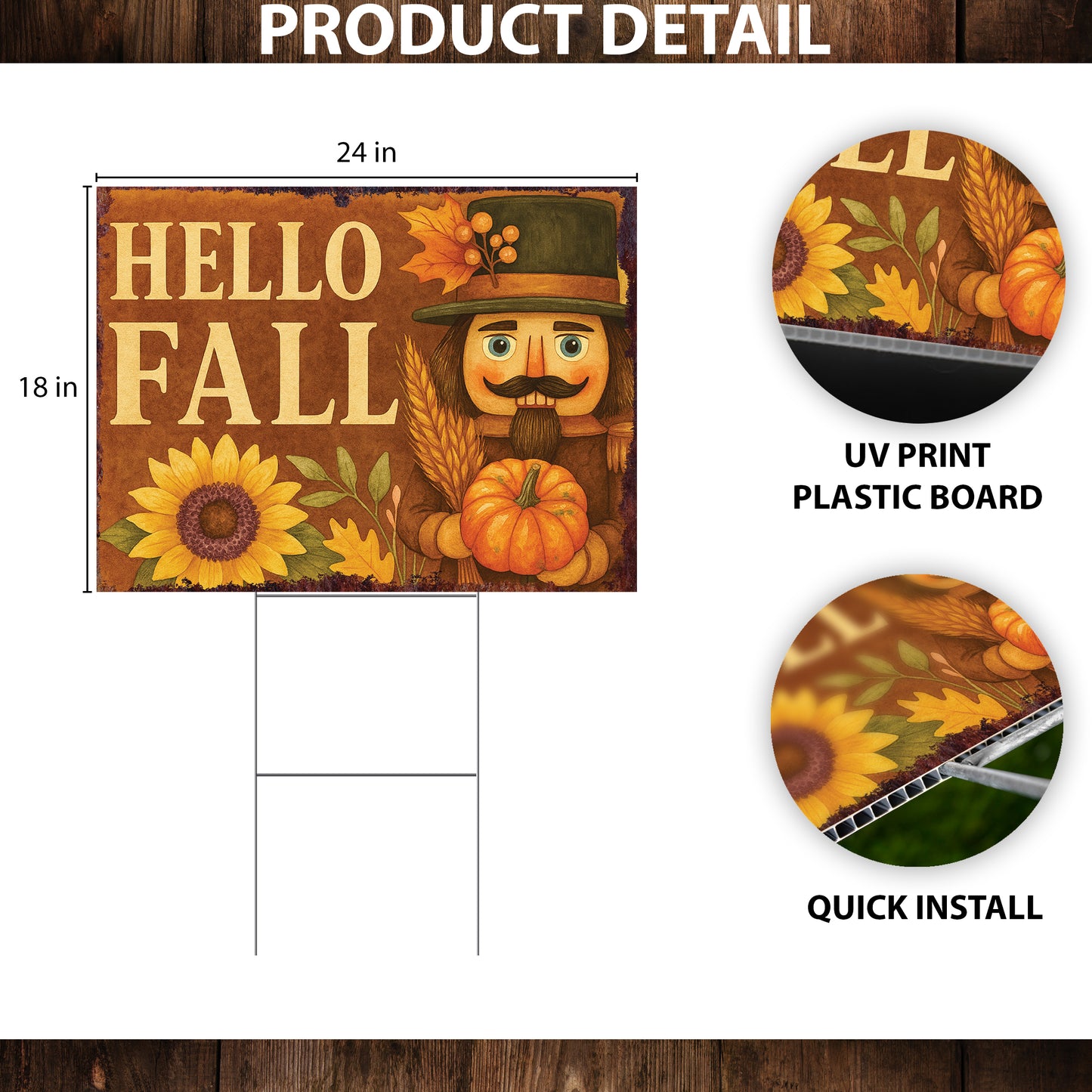 Hello Fall Yard Sign with Sunflower & Nutcracker – UV Print 24x18in Corrugated Plastic Lawn Stake for Autumn Outdoor Display